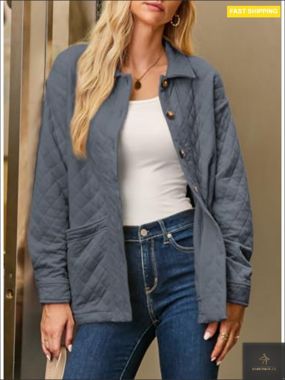 Women's Quilted Button Down Jacket Long Sleeve Casual Lightweight Coat with - Picture 3 of 7